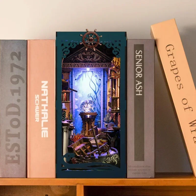 Figurines Miniatures Kits Riddle On The Seabed Bookend DIY Wooden Book Nook Handmade Bookshelf Friends Gifts Home Decor Crafts