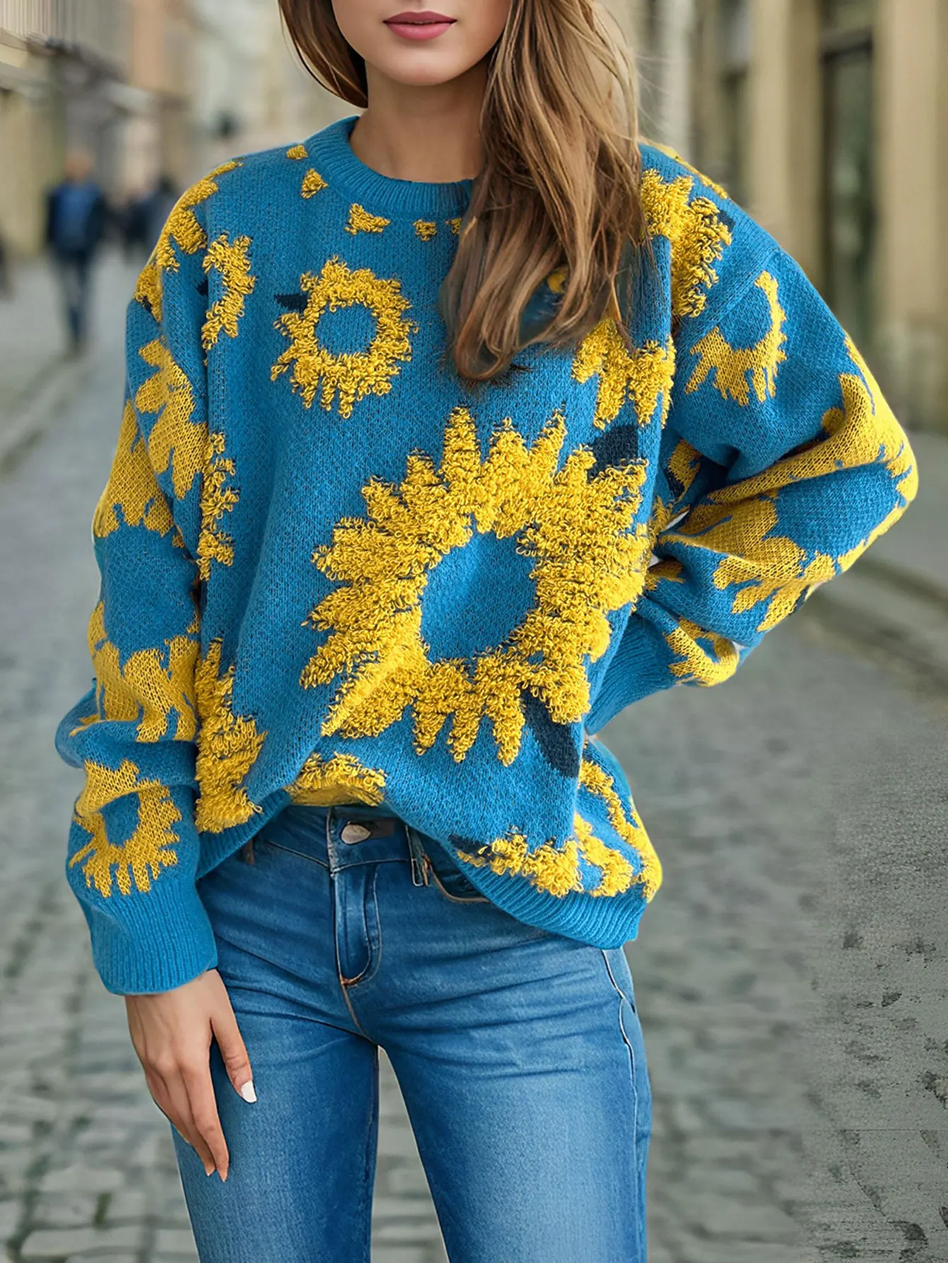 Women's Patchwork Floral Decor Long Sleeve round Neck Sweater for Autumn Winter Basic Daily Wear Fit Style