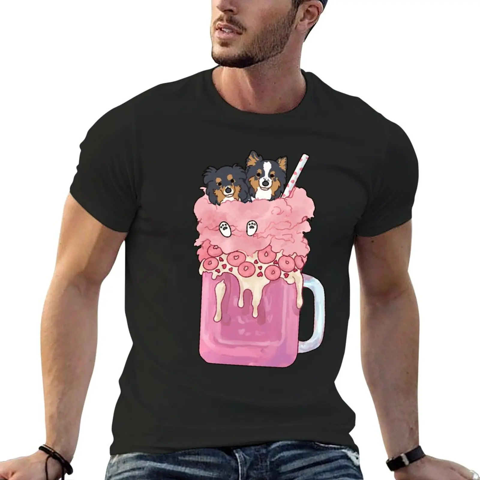 

Shetland sheepdogs in Cotton candy pastel pink milkshake T-Shirt funnys cute tops blanks cotton t shirt men