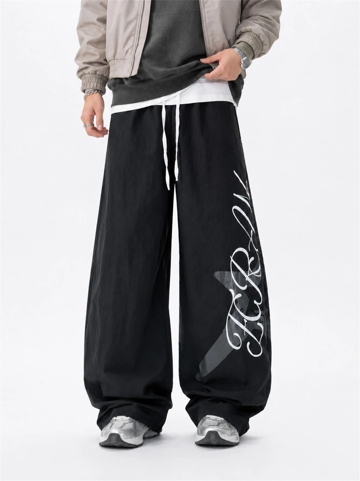 Punk  Guitar Print Loose Wide Leg Knife Casual Pants Men Autumn Small Design Sense Sweatpants Straight Leg Pants