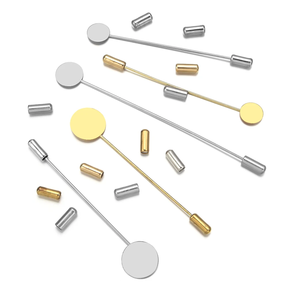 10pcs Gold Copper Long Pin Tone Round Blank Brooch Bases Tray Lapel Stick Brooch Safety Pin Needle for DIY Costume Accessories