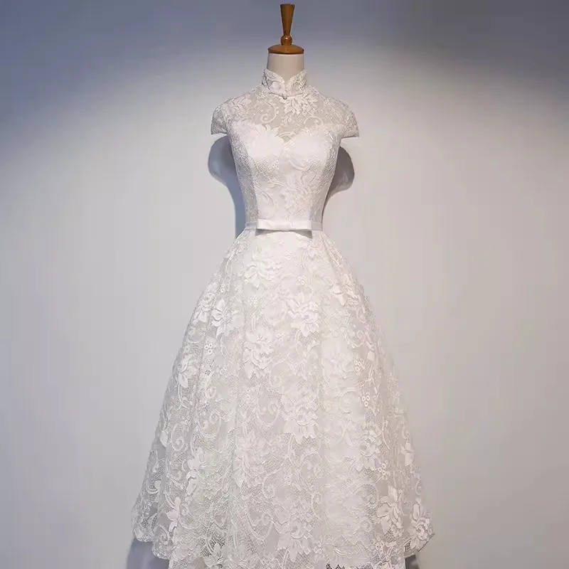 Robe de soirée de mariage simple en dentelle pour femmes, col haut, ceinture à ruban, fermeture éclair, ligne A, longueur de thé, robe de soirée formelle pour la mère de la mariée