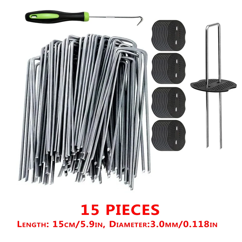 

15Pcs u shaped ground pegs,Garden Stakes Staples and Gasket+1pcs pick hook,Heavy Duty Yard Ground Pin for Weed Barri