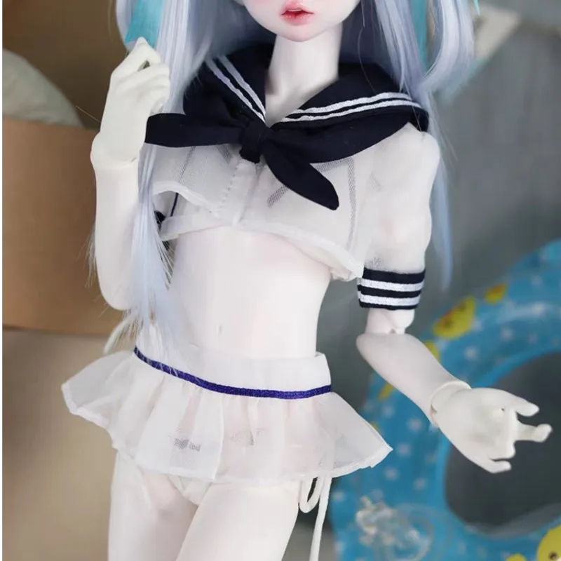 1/3 1/4 BJD SD Doll Clothes Mesh Tulle JK Sailor Suit 5Pcs Set, Briefs + Bra + Top + Skirt + Tie, Doll Dress Up Accessories