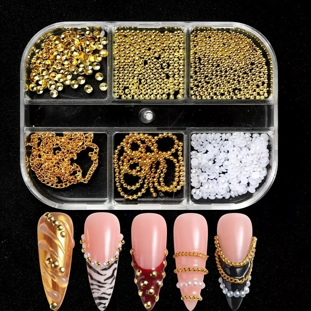 New 12 Grids Nail Art Studs Bead Rivet Steel Beads Nail Charms 3D Details Gold Metallic Nail Art Beads Manicure Accessories