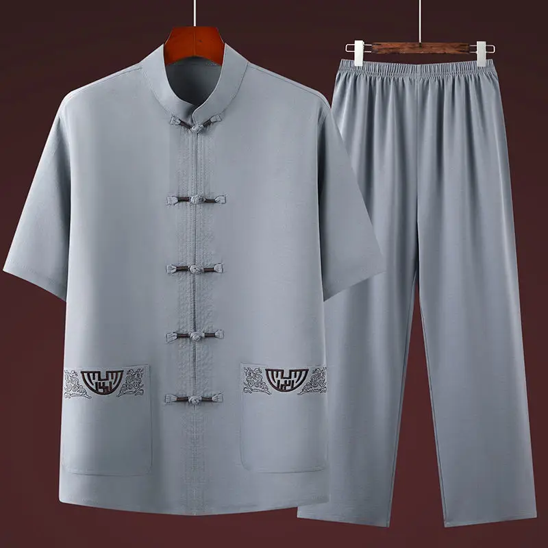 Traditional Chinese Style Tang Suit Embroidery Pattern Handmade Buttons Hanfu Blouse Men Kung Fu T Shirts Tops Jackets Pants