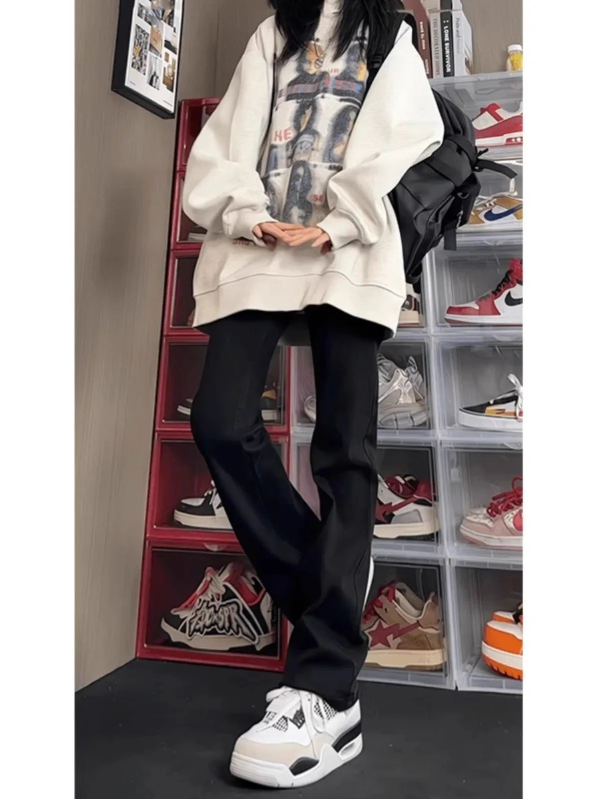 بنطلون جينز رجالي أمريكي عالي الخصر بتصميم نحيف من American High Street Vibe، أسود، ذو حافة سكين مستقيمة، واسع من الأسفل، عصر...