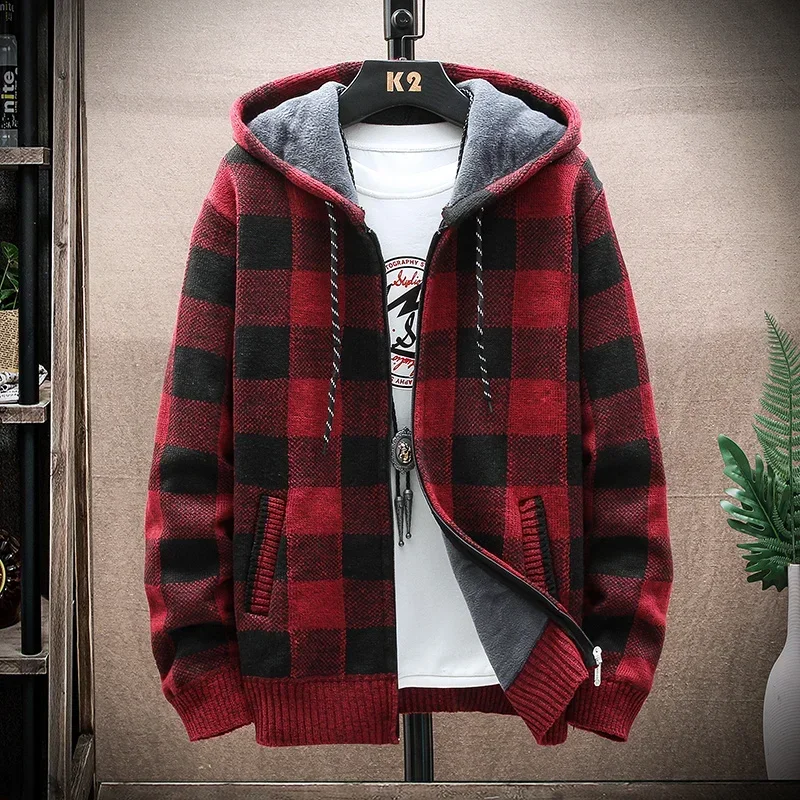 Knitted Cardigan Sweater Fall/Winter New Fleece Male Jacket Men\'s Clothing Plaid Printed Long Sleeve Warm Hooded Sweater Coat