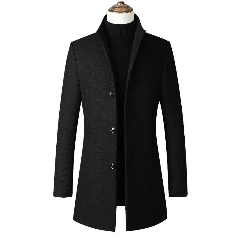 LIBIELIY Medium-Length Men's Jacket European Style Single-Breasted Solid Color Simple Stand Collar Woolen Coat Autumn/Winter Sea