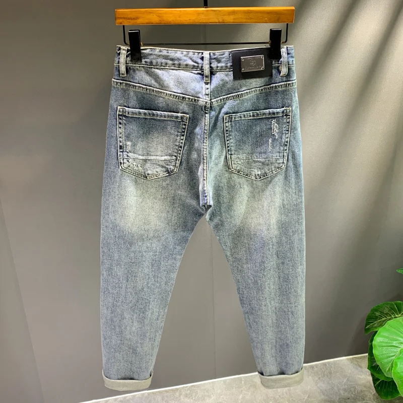 High end retro 2025 new patchwork motorcycle jeans men's fashion Korean version slim fit small straight leg pants