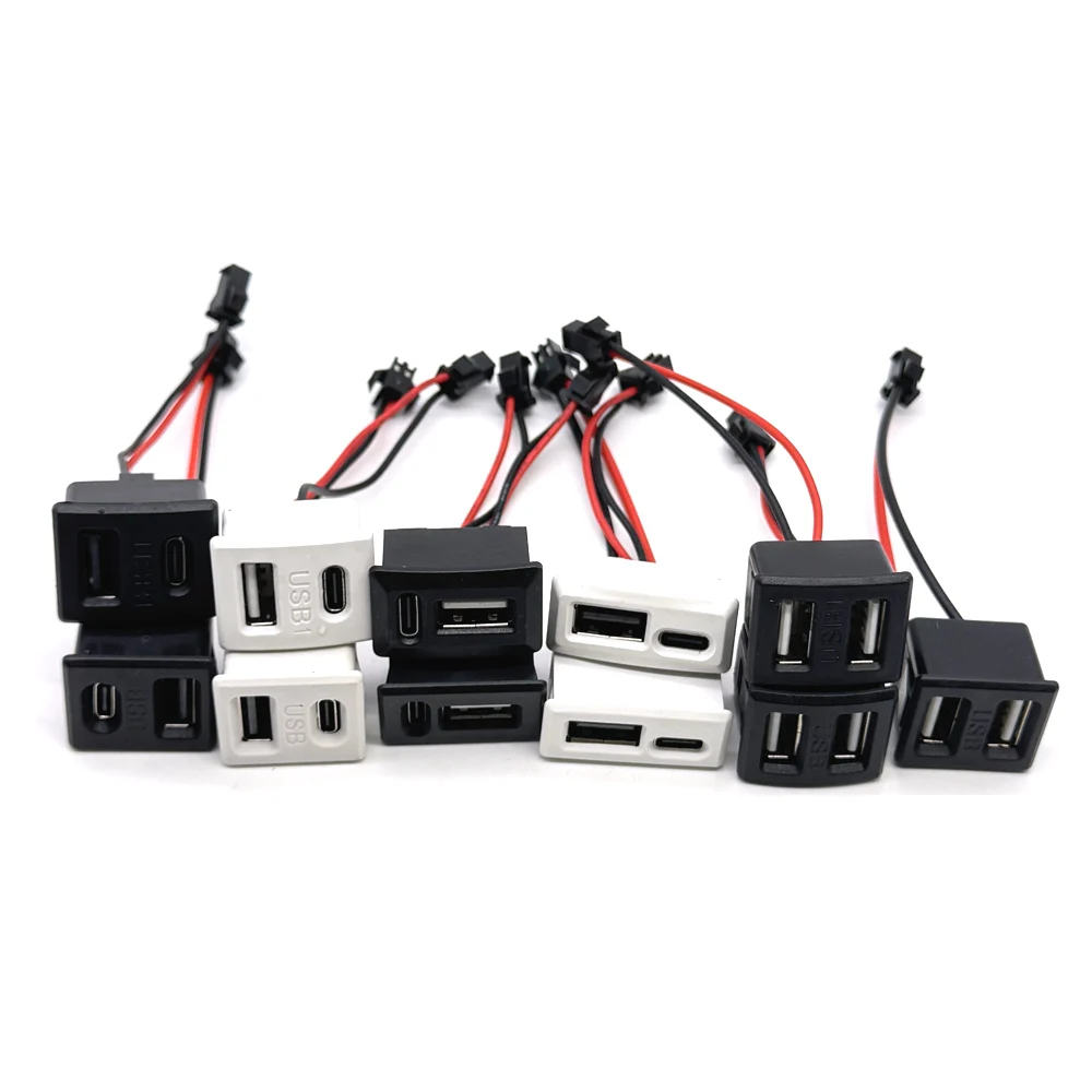 USB Female Base and Type-C Double-Layer Socket USB A Female Lamp Charging Socket Power Socket with Cable Black White Connector