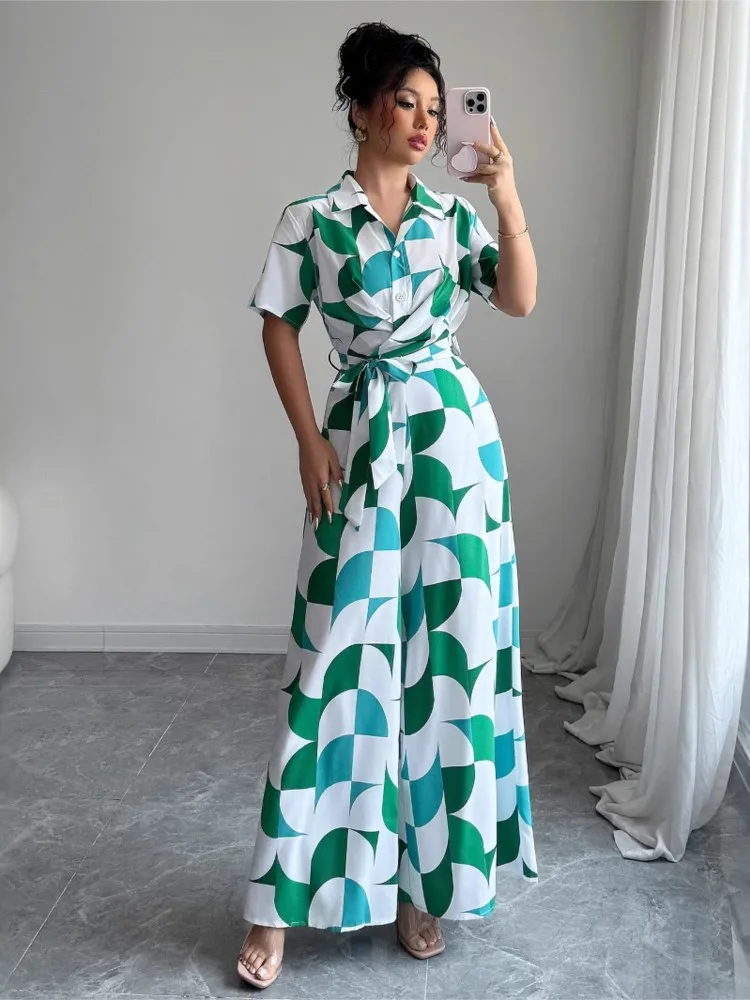 

Elegant Women Jumpsuits Fashion Print Short Sleeve Wide Leg Pants Overalls High Waist Lace Up Spliced Office Jumpsuit