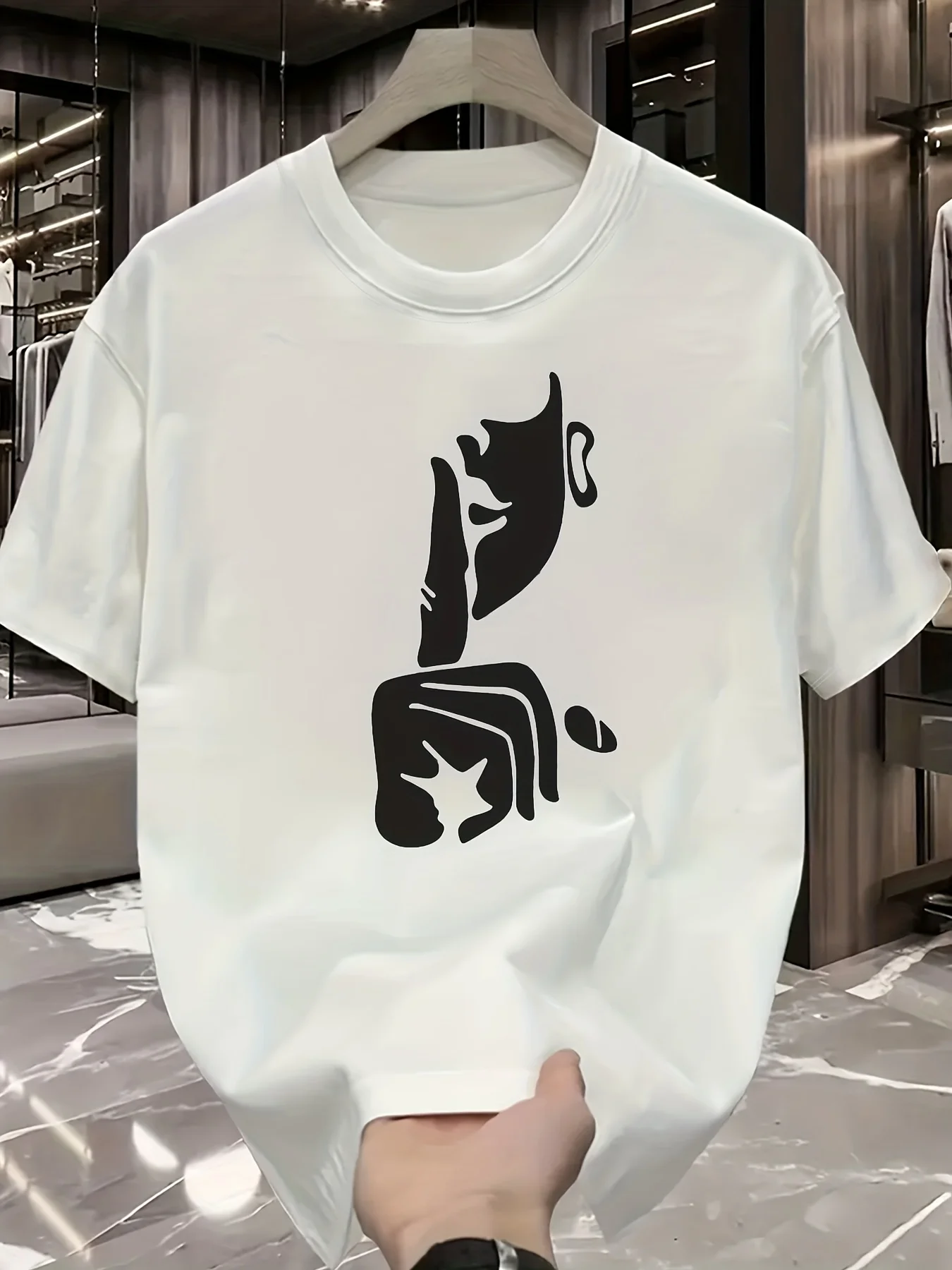 เสื้อยืดลำลองลายพิมพ์สำหรับผู้ชาย สีดำ พิมพ์ลายท่าทางหยุดด้วยสีขาว เสื้อคอกลมสำหรับฤดูร้อนแบบเบาสบาย