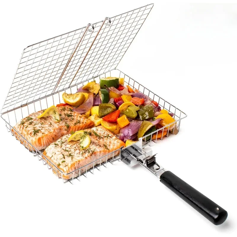 Cesta para parrilla de acero inoxidable, cestas plegables grandes para asar, estante portátil para barbacoa para acampar al aire libre, accesorios para cocinar peces