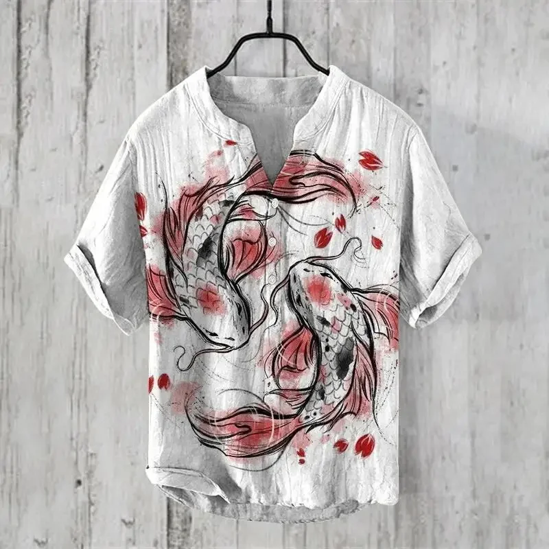 

New 3D digital 3-button stand up collar short sleeved shirt for casual summer, oversized T-shirt