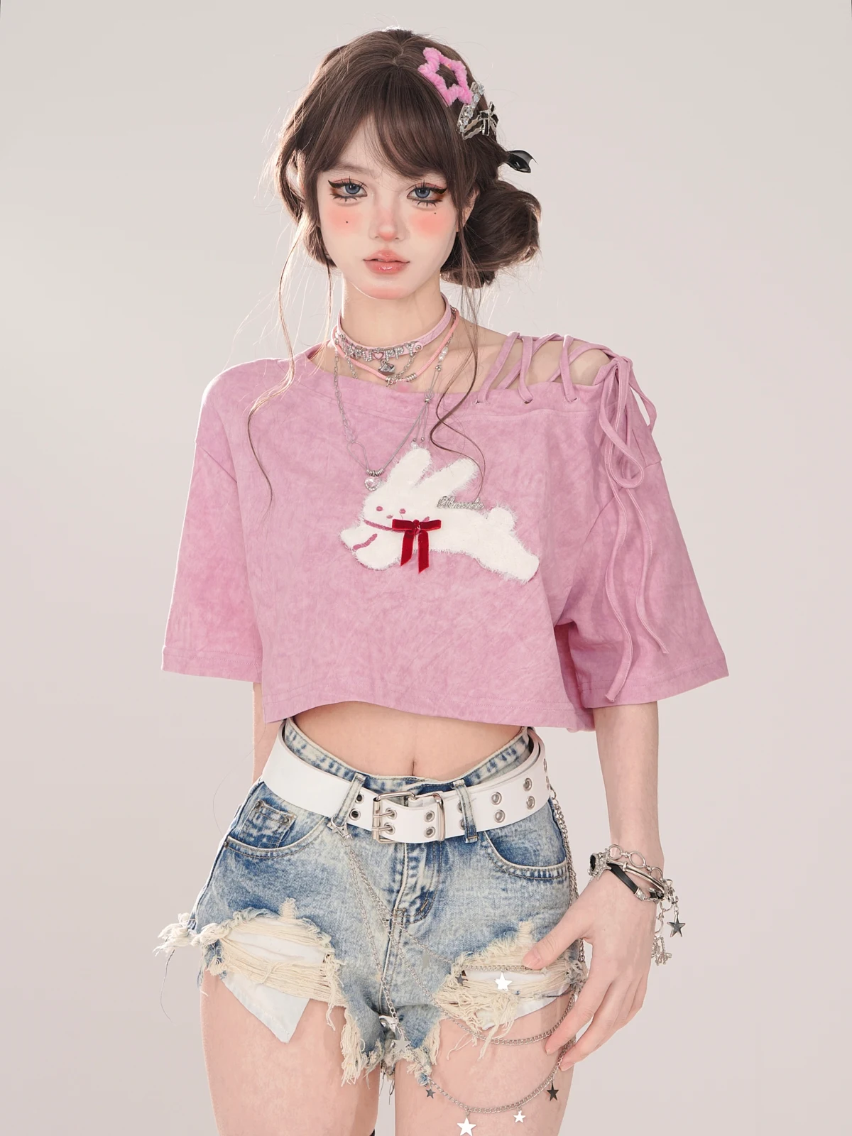 High Quality Hot Selling Wholesale Pink Drawstring Off Shoulder Design Short Sleeved T-shirt New Short Top Women Kawaii Grunge - Image 4