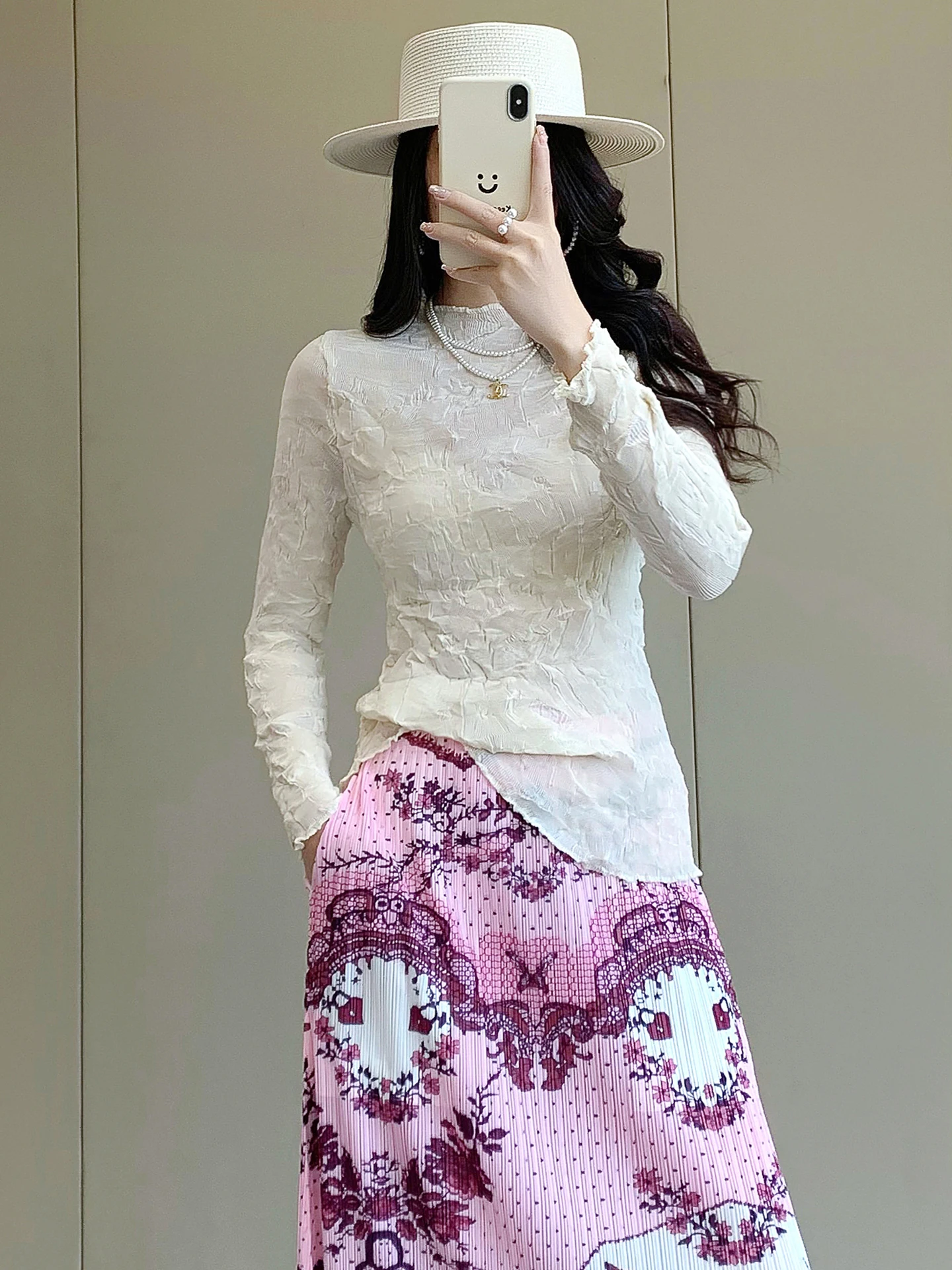 

High-End Handmade Pleated Long Sve Women's Top Spring Summer New Sle Casual Design Sense Small ence Sensation