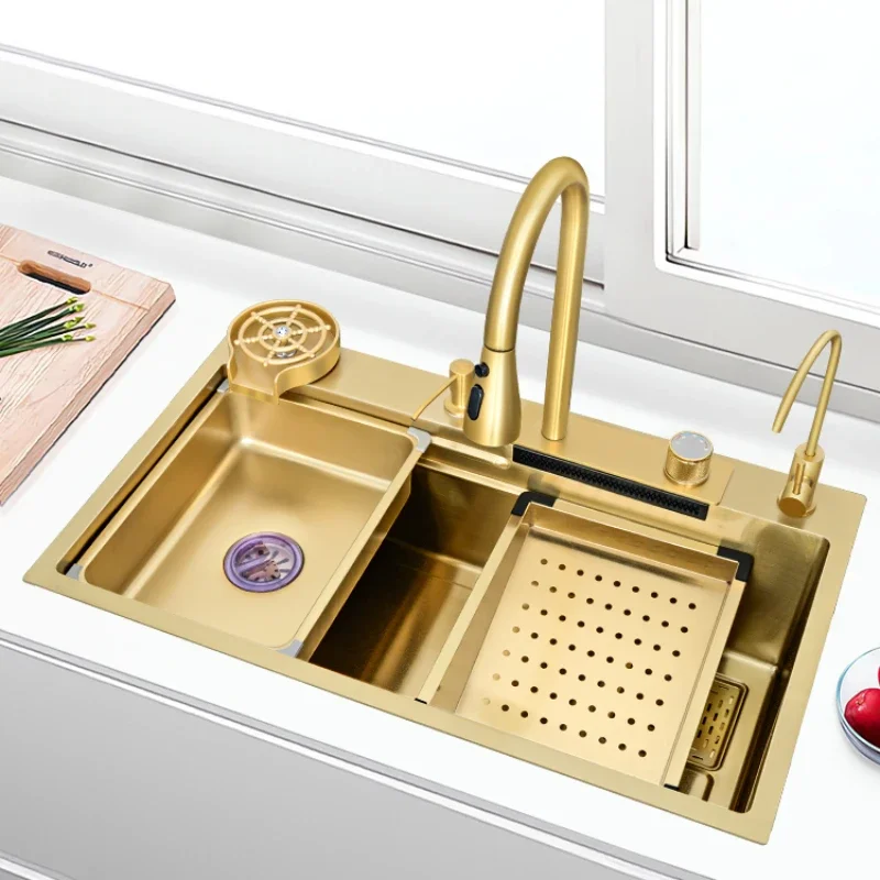 

Gold 304 stainless steel Feiyu Waterfall sink, vegetable washing basin, large single slot, middle and lower basin, kitchen,