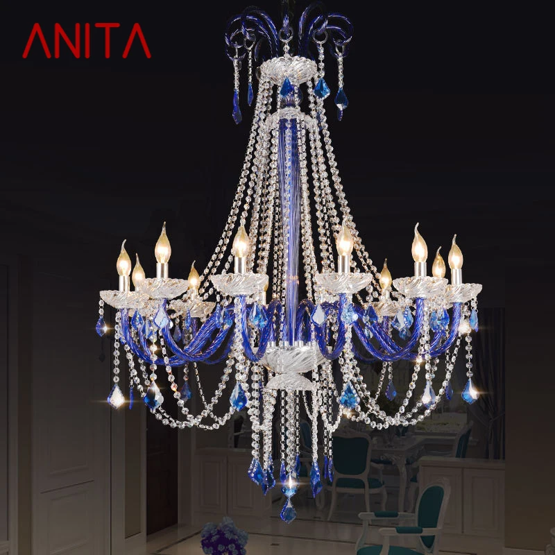 ANITA-Lampe à suspension en cristal de style européen, lampe à bougie bleue, salon, restaurant, villa, escalier, duplex, bâtiment KTV, lustre