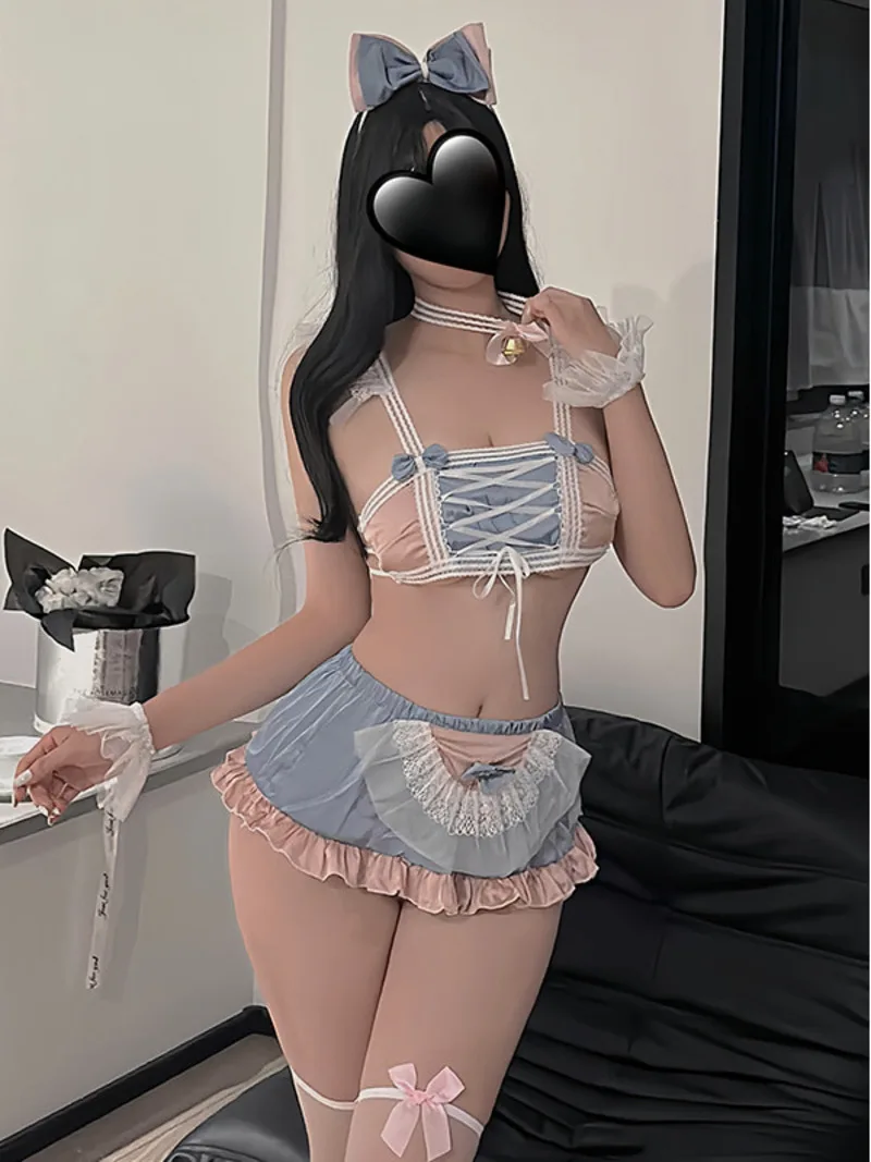 Blue Fashion Skirts Set Lingerie Sexy Maid Sweet Soft Girl Maid Jk Uniform Bandage Off Shoulder Top Two Piece Skirt Set DIW4