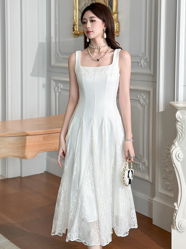 Elegante Dameskleding Kant Vrouwen Witte Sling Maxi Jurk Sexy Vierkante Hals Slanke Formele Feestjurk Gewaad Mode Vestidos Mujer Nieuw
