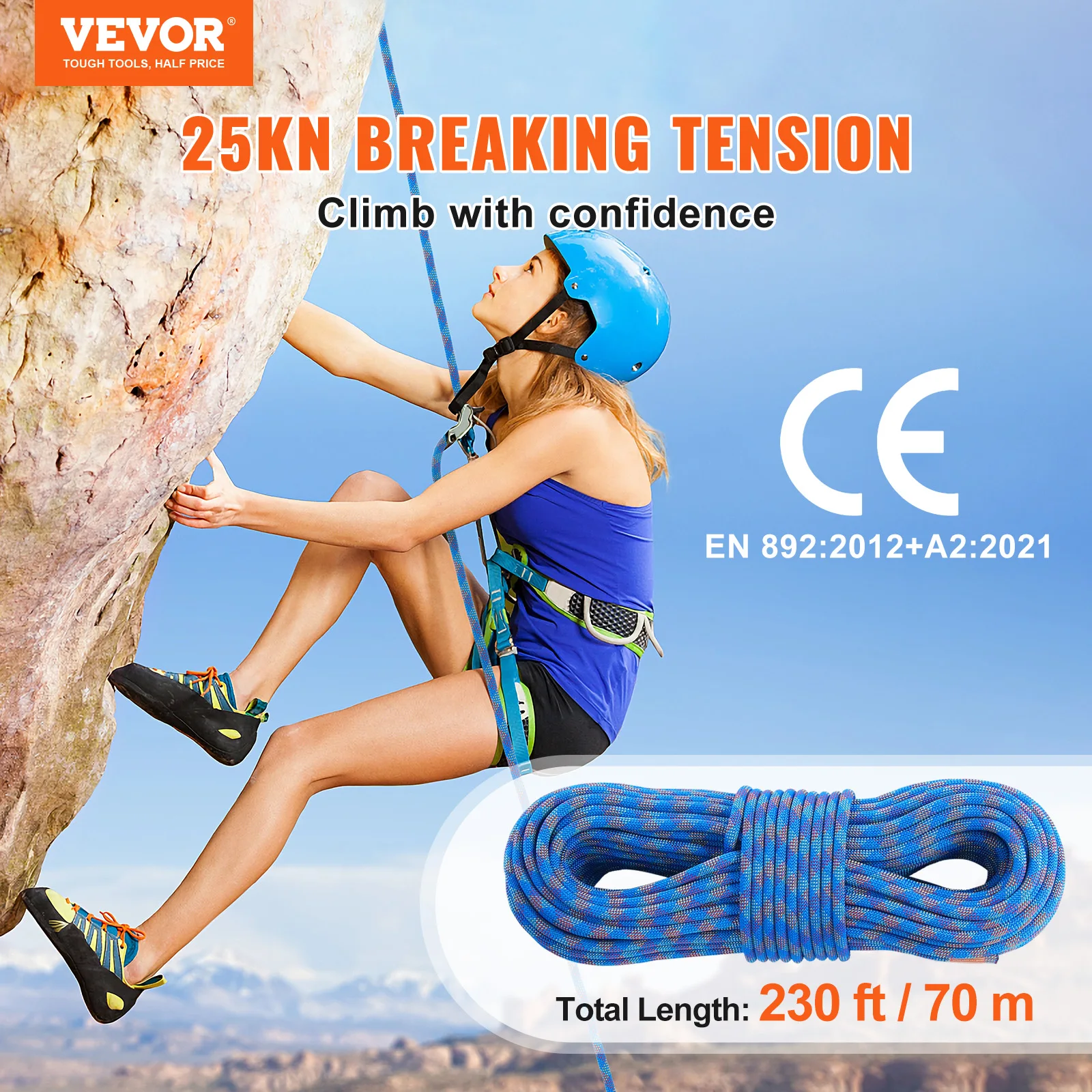 VEVOR 10.2mm Dynamic Climbing Rope 131-230ft Outdoor Rock Climbing Rope 25KN Breaking Tension Stretchable Fiber Rope with Hooks