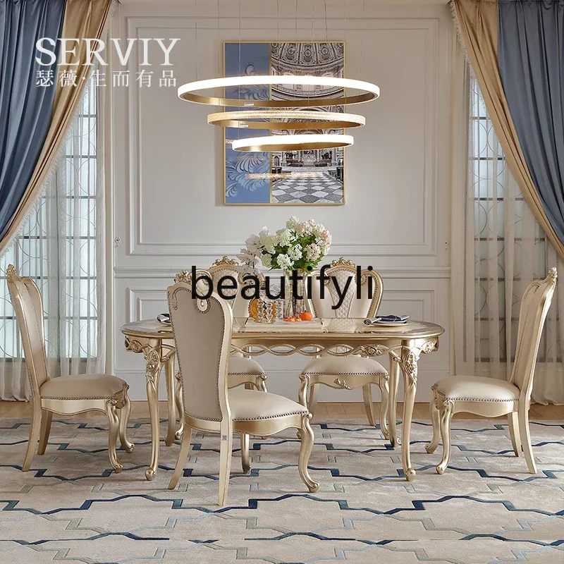 French light luxury solid wood silver foil long dining table European court luxury villa dining table and chairs2936