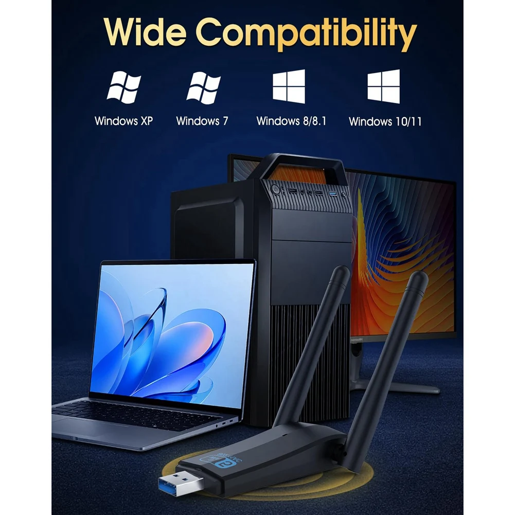 محول واي فاي USB 3.0 لاسلكي من BISMZ للكمبيوتر المكتبي، محول شبكة ثنائي النطاق USB بسرعة 1300 ميجابت في الثانية لجهاز Win 11/10/8/7/XP