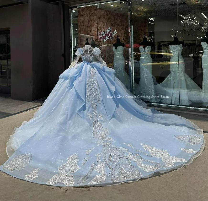 Noble Light Sky Blue Quinceanera Dresses Cathedral Train Tulle Long Sleeve Crystal Applique Ruffle Princess Poncho 2025 Custom