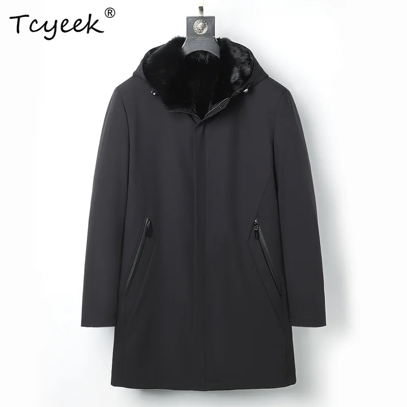 

Tcyeek Real Mink Inner Liner Autumn Winter High End Trendy Hooded Black Medium Length Men's Parka Casaco Inverno Masculino