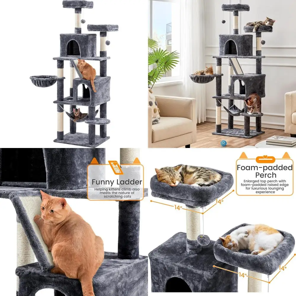 

Indoor Cat Tower 71.5 Inches, 2 Cozy Condos, 2 Padded Perches, Scratching Posts, Ramp, Large Cat Tree for Climbing and Resting