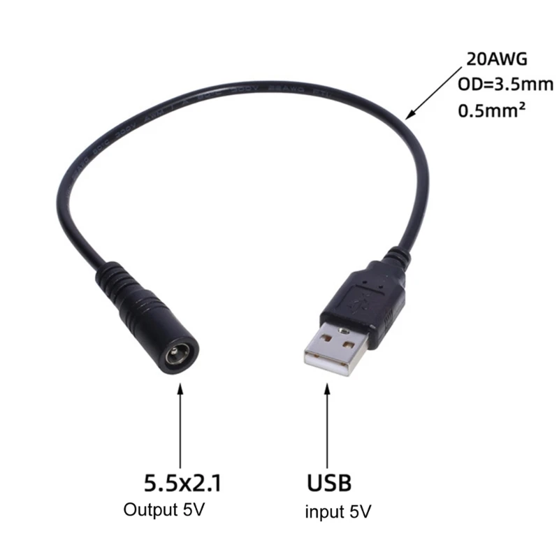 USB to DC 5V Power Cable Cord USB Type A Male to 5.5x2.1mm Female DC5V Power Supply Plug Barrel Connector Charge Line Cable