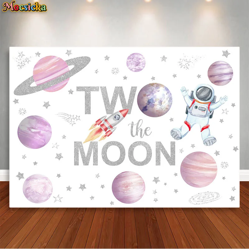 

Two The Moon Backdrop Girl 2nd Birthday Party Decorations Banner Outer Space Pink Planet Astronaut Background Photo Booth Props