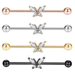 1PCS Zircon Industrial Piercing 14G Butterfly Industrial Barbell Cartilage Earring Body Piercing Jewelry 38mm New