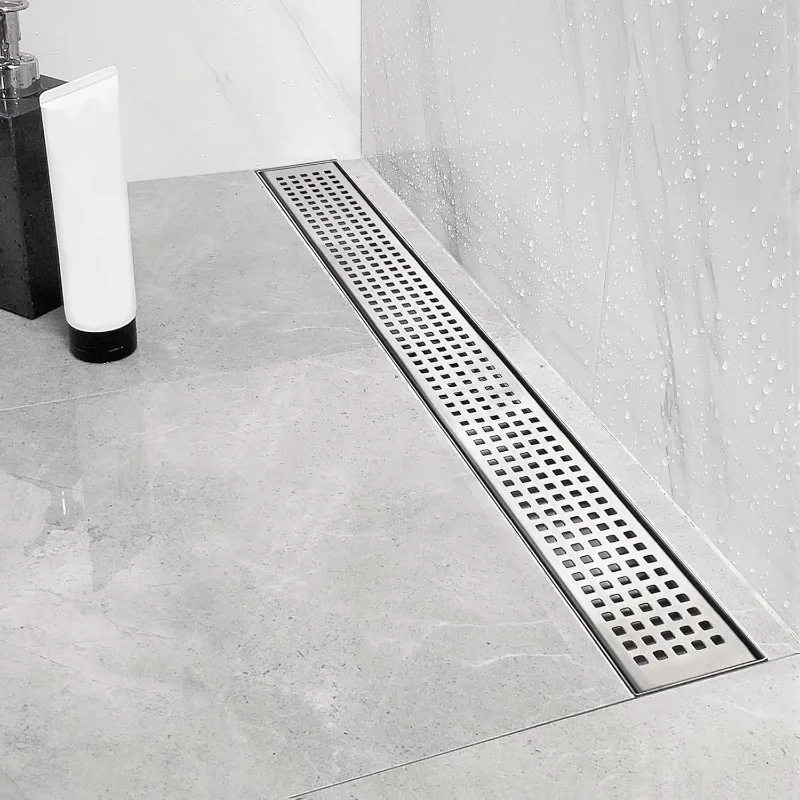 32-Inch Linear Shower Drain with Removable Quadrato Pattern Grate, Brushed 304 Stainless Steel Rectangle Shower Floor Drain