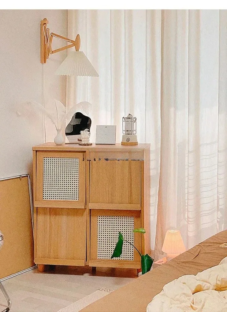 Japanese-Style Solid Wood Magazine Cabinet Living Room Side Cabinet Display Cabinet Ash Floor Hallway Rattan Woven Locker