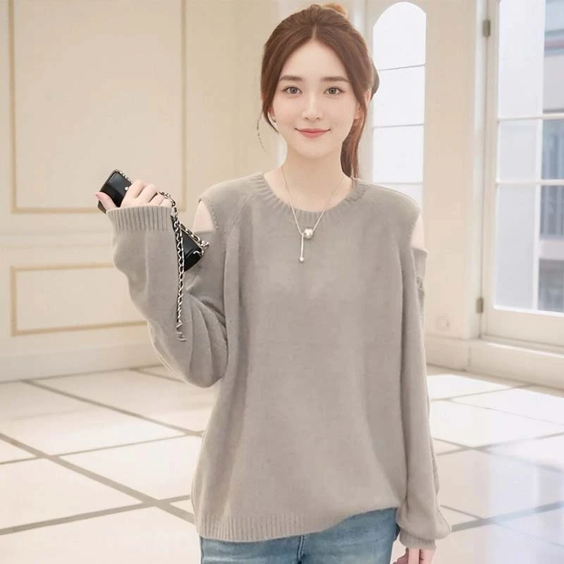 

Faionable Large Size Beaded oulder Hollow Knitted Sweater Long Sve Women's Sle Retro Korean Design Autumn New Top