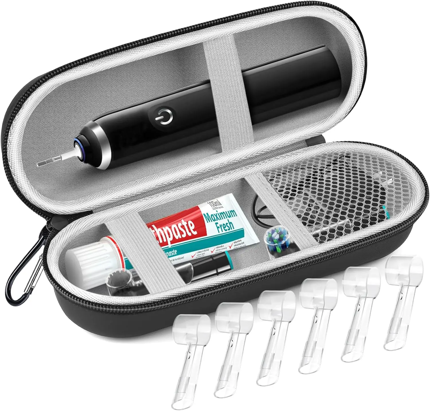 Travel Case for Electric Toothbrush, Hard Storage with 6 Cap Covers, Fits Oral-B & Philips Sonicare, Black