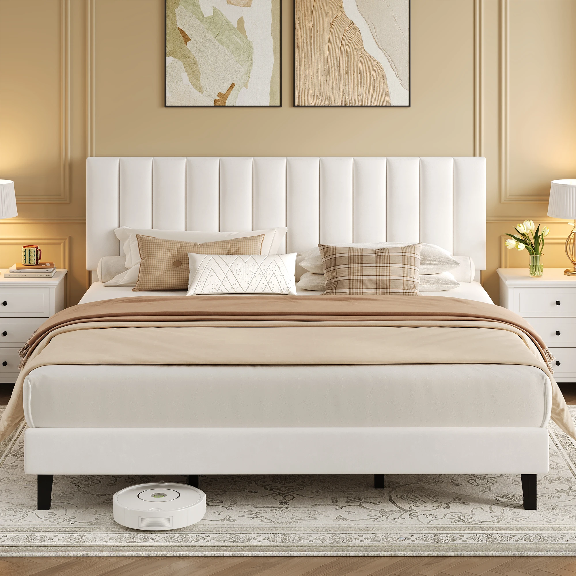 Velvet Upholstered Platform Bed Frame with Adjustable Channel-Tufted Headboard, Wood Slat Support, Noise-Free, No Box Spring Needed, Easy Assembly