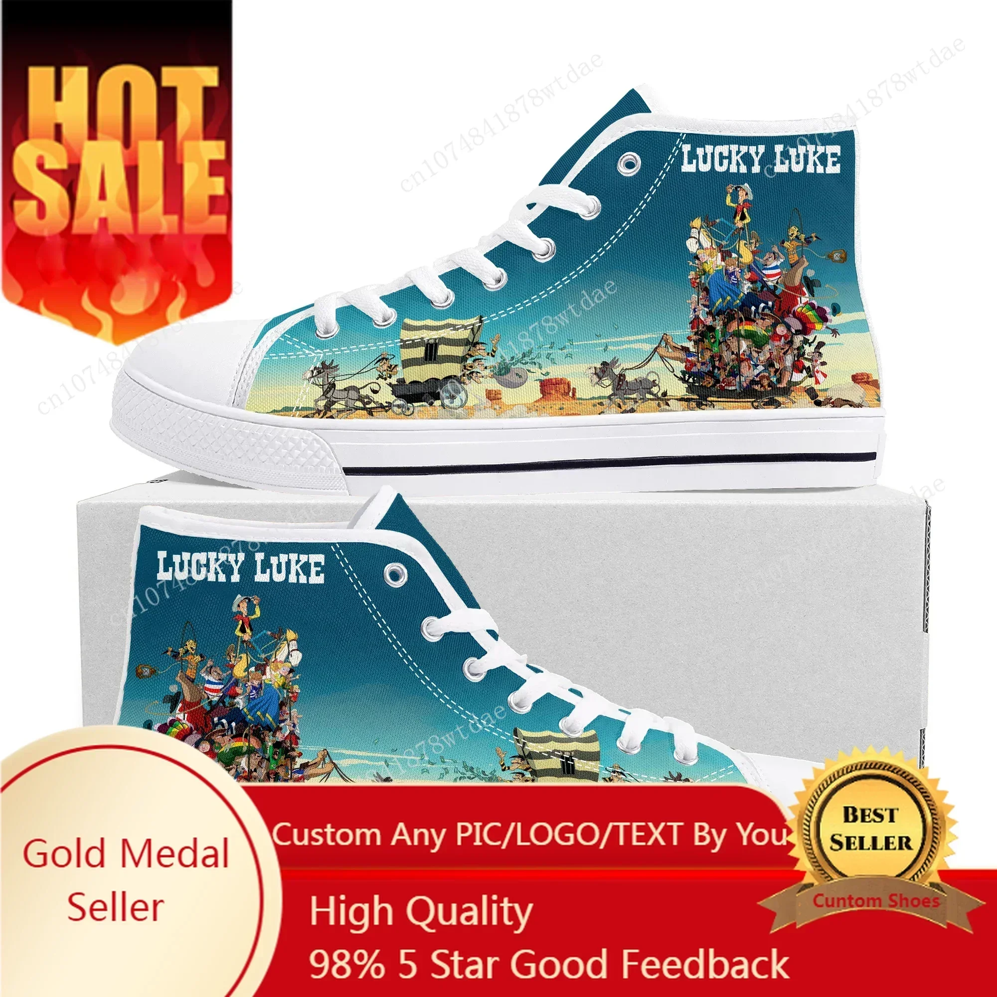 Lucky Luke High Top Sneakers Mens Womens Cowboy High Quality Canvas Sneaker Comics Manga Cartoon Couple Customized Shoe