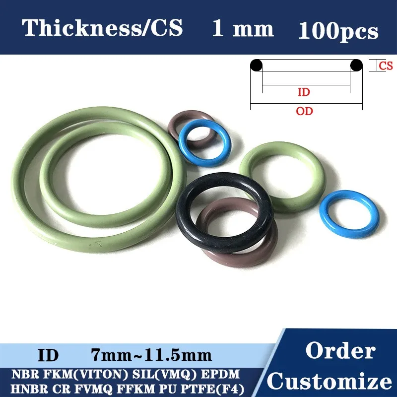 100 pieces O Rings Rubber Thickness 1 mm  Rubber Gasket  Orings Cross section CS 7 mm - 11.5mm NBR HNBR Silicone FKM EPDM gasket