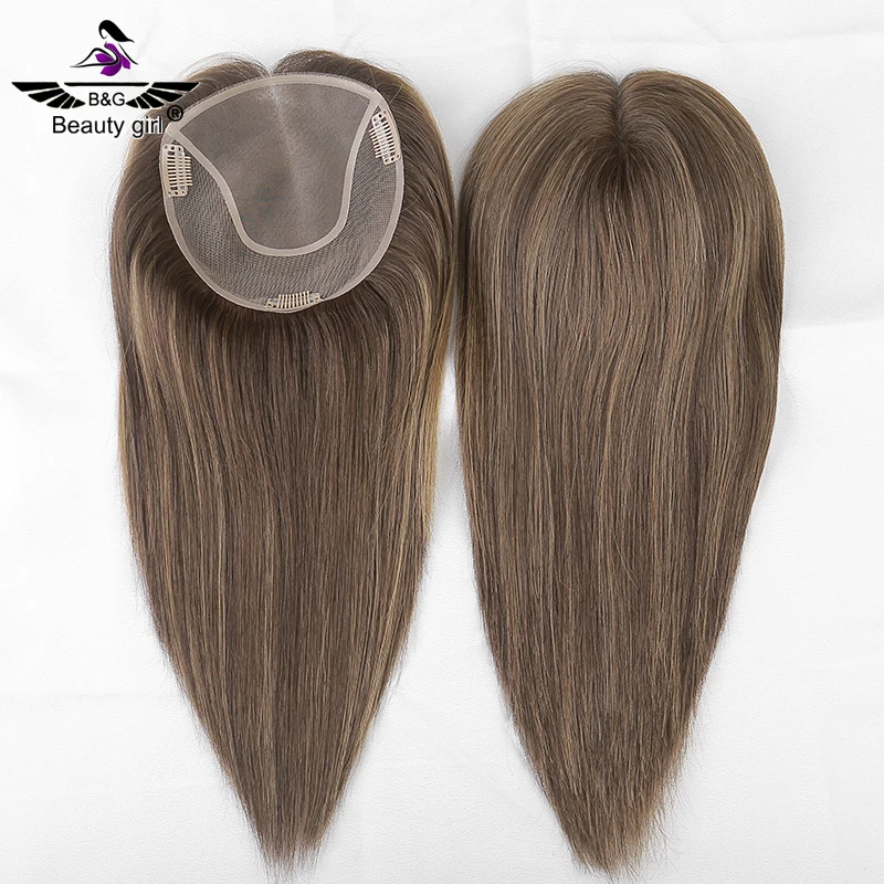 

Cute Medium Brown Highlight Short Topper Breathable Mono Topper For Bald Women Full Handmade Mono Hair Replacement