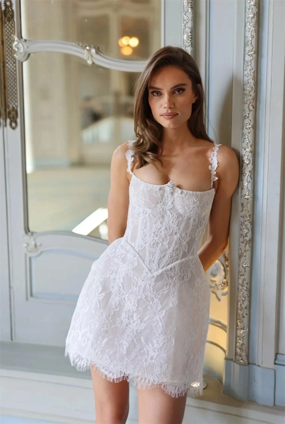 ZHUISHU Customized White Spaghetti Strap Lace Appliques Prom Dresses A-Line Lace-Up vestidos de noiva Elegant Mini Evening Dress