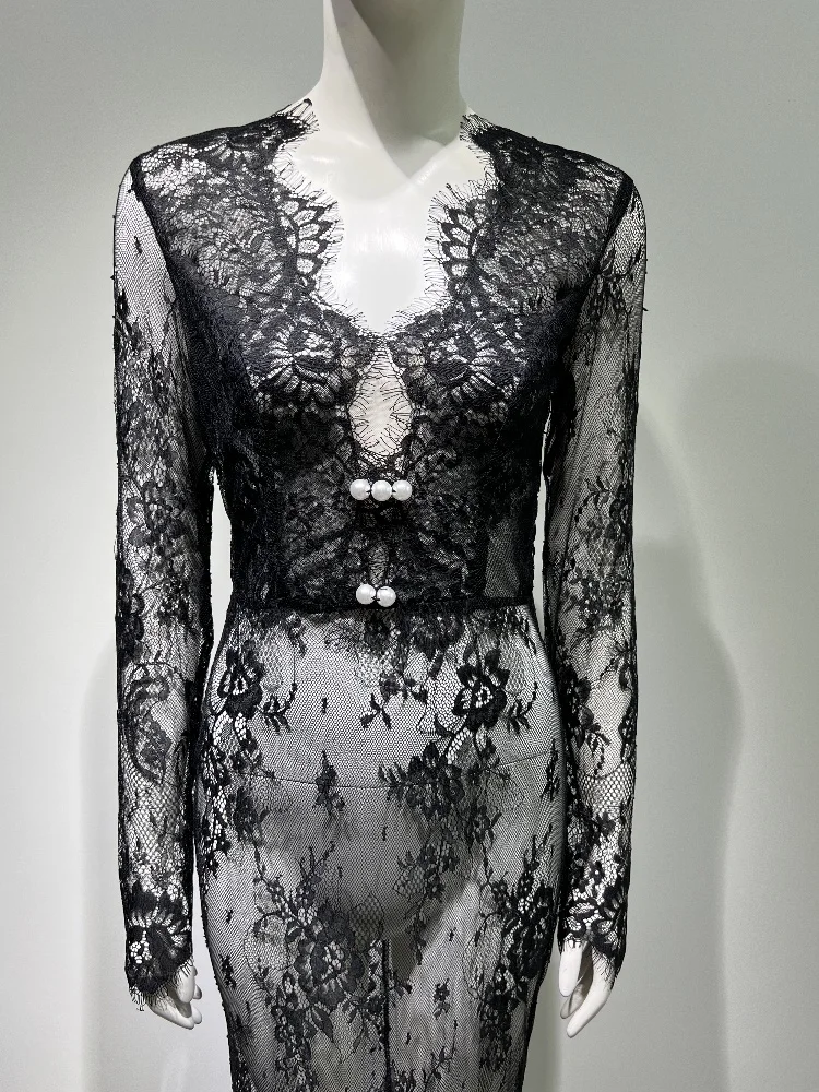 Women Celebrity Sexy V Neck Long Sleeve Lace See Through Black Elegant Evening Trumpet Party Maxi Dress