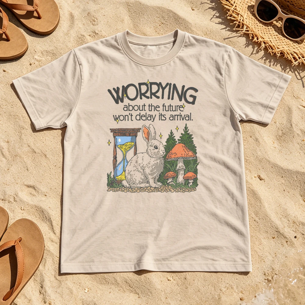 Worrying about The Future Won't Delay Its Arrival Forest Rabbit Hourglass Sketch Unisex Short SleeveT Shirt Calm Mind Retro Tops