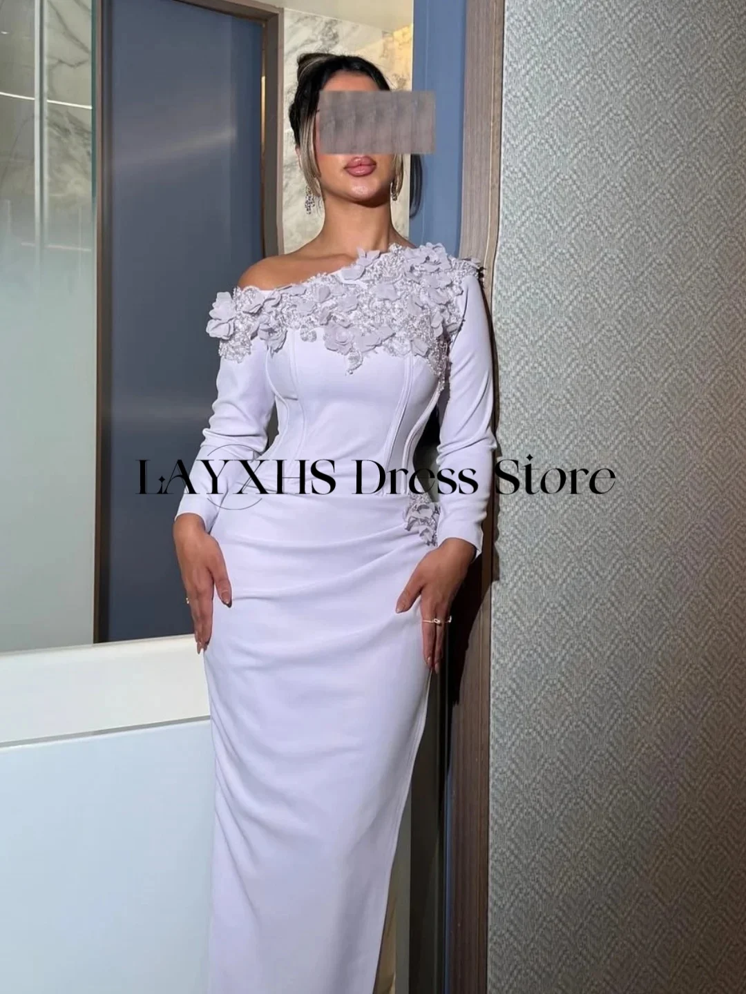 LAYXHS Abiti da sera eleganti monospalla Manica lunga Fiori con perline Abiti da ballo a sirena Abiti personalizzati