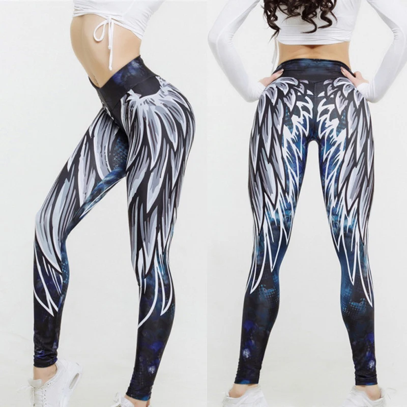 Gym Seamless Fitness Leggings Tummy Control Angel Wings Print Women Sports Pants Running Sportswear Stretchy