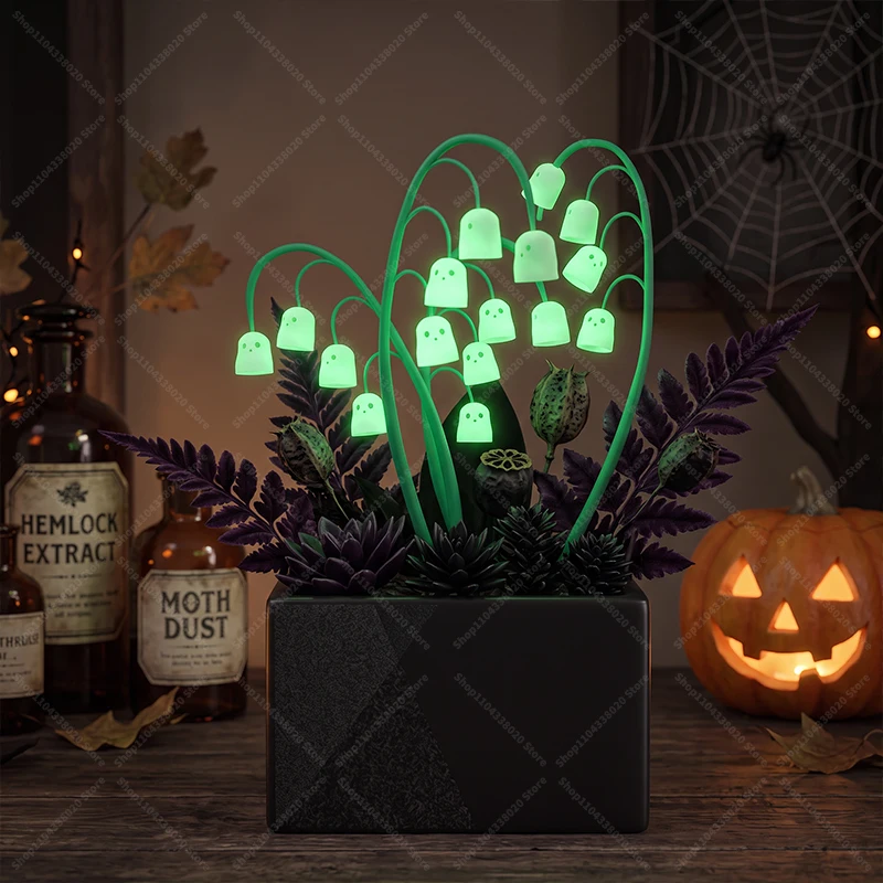 Halloween Ghost Flower Bouquet - Glow in the Dark Lily of the Valley Stems, Luminous Ghost Decor for Party Ghost House Garden