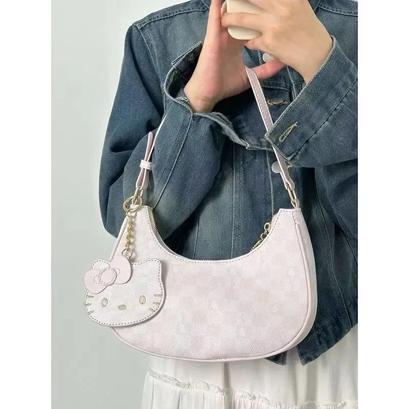 Anime Peripherals Miniso Pu Leather Handbags Hello Kitty Purses Luxury Designer Tote Mini Size Underarm Bag