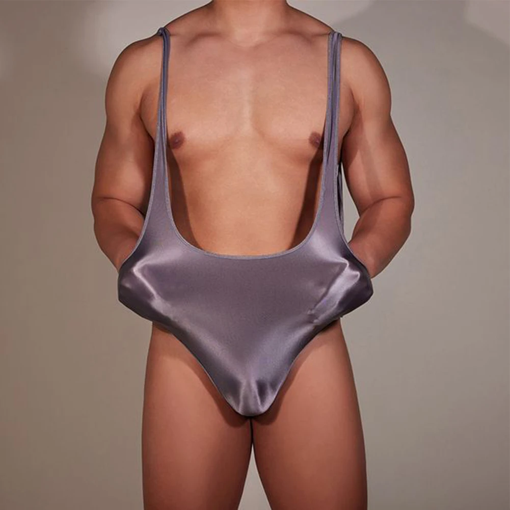 New Mens Bodysuit Stretchy Backless Thong Leotard High Swimwear Shiny Elastic Sleeveless Sleepwear Silky Male Lingerie